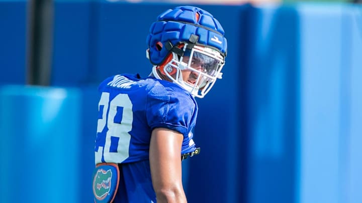 Florida defensive back Devin Moore runs a drill during Florida spring football practice at Sanders Practice Fields in Gainesville