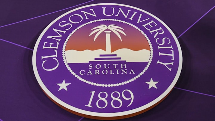 The logo in front of the stage during commencement at Littlejohn Coliseum in Clemson, S.C. Thursday, December 16, 2021.

Clemson University Commencement