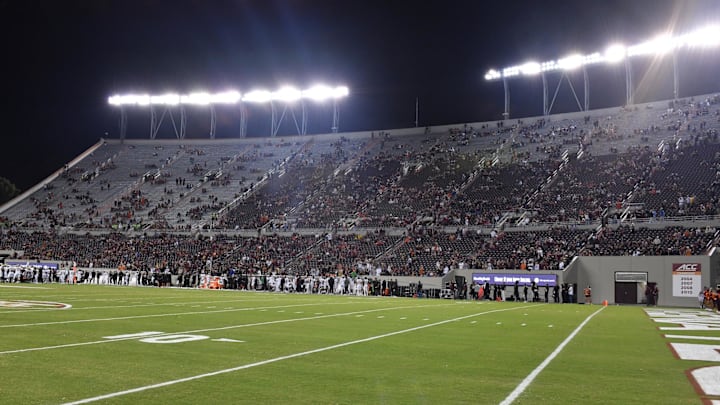 Sep 6, 2025; Blacksburg, Va.; The Virginia Tech east stands with 4:58 remaining in the fourth quarter between Vanderbilt and Virginia Tech.