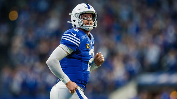 Indianapolis Colts quarterback Carson Wentz (2) runs off the field after connecting on a short touchdown pass with Colts wide receiver T.Y. Hilton (13) on Sunday, Nov. 28, 2021, against the Tampa Bay Buccaneers.
Indianapolis Colts Host Tampa Bay Buccaneers Indianapolis Colts quarterback Carson Wentz (2) runs off the field after connecting on a short touchdown pass with Colts wide receiver T.Y. Hilton (13) on Sunday, Nov. 28, 2021, against the Tampa Bay Buccaneers.
Indianapolis Colts Host Tampa Bay Buccaneers
