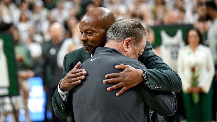Michigan State's head coach Tom Izzo, right, hugs athletic director Alan Haller during the senior night celebration after the game against Northwestern on Wednesday, March 6, 2024, at the Breslin Center in East Lansing.