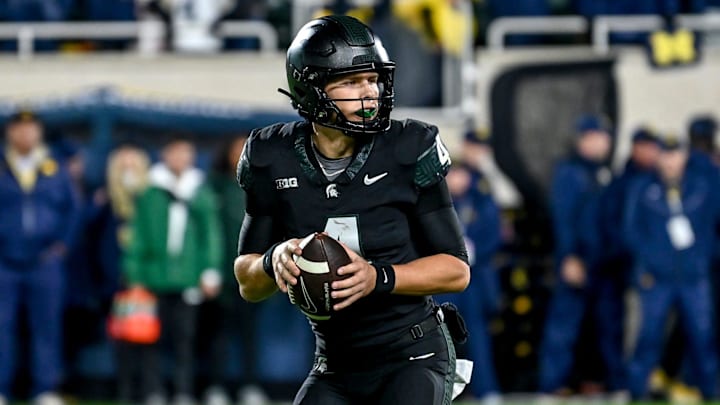 Michigan State's Sam Leavitt looks to throw against Michigan during the fourth quarter on Saturday, Oct. 21, 2023, at Spartan Stadium in East Lansing. Michigan State's Sam Leavitt looks to throw against Michigan during the fourth quarter on Saturday, Oct. 21, 2023, at Spartan Stadium in East Lansing.