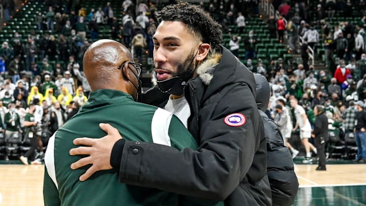 Former Michigan State player Denzel Valentine, right, hugs coach Mike Garland after the Spartans beat Michigan on Saturday, Jan. 29, 2022, at the Breslin Center in East Lansing.
220129 Msu Mich 285a Former Michigan State player Denzel Valentine, right, hugs coach Mike Garland after the Spartans beat Michigan on Saturday, Jan. 29, 2022, at the Breslin Center in East Lansing.
220129 Msu Mich 285a