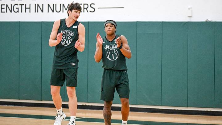 Michigan State’s Anton Bonke, left, and Jeremy Fears Jr. clap during the first basketball practice of the season on Tuesday, Sept. 22, 2026, at the Breslin Center in East Lansing.