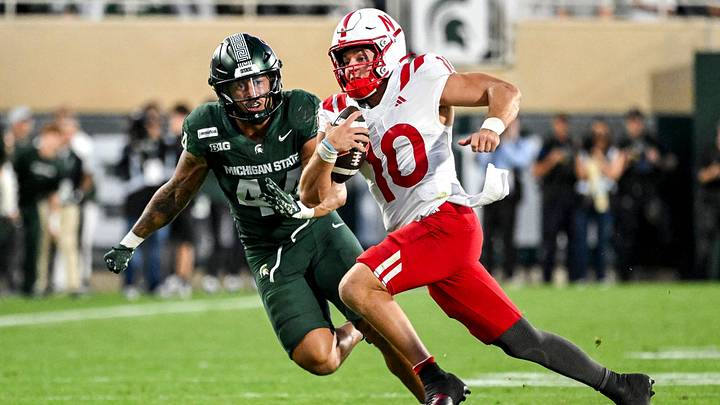 Michigan State’s Caleb Wheatland pursues Nebraska’s Anthony Colandrea during the third quarter. Michigan State’s Caleb Wheatland pursues Nebraska’s Anthony Colandrea during the third quarter.