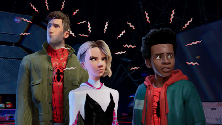 Peter Parker (Jake Johnson), Gwen Stacy (Hailee Steinfeld) and Miles Morales (Shameik Moore) in Sony Pictures Animation's SPIDER-MAN: INTO THE SPIDER-VERSE.