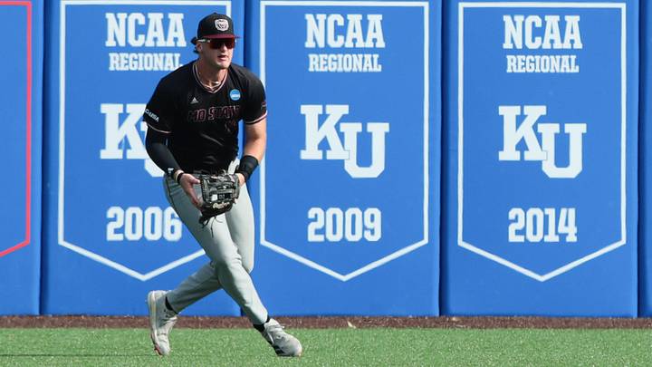 Missouri State junior outfielder Caden Bogenpohl (16) scoops up the ball after an Arkansas hit during the NCAA First Round of the Lawrence Regional at Hoglund Ballpark on May 29, 2026. Missouri State junior outfielder Caden Bogenpohl (16) scoops up the ball after an Arkansas hit during the NCAA First Round of the Lawrence Regional at Hoglund Ballpark on May 29, 2026.