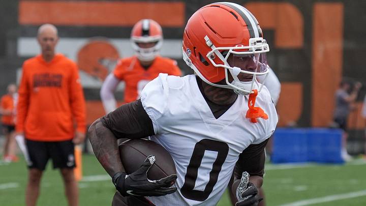 Isaiah Bond runs at the Browns OTA in Berea on May 27, 2026. Isaiah Bond runs at the Browns OTA in Berea on May 27, 2026.