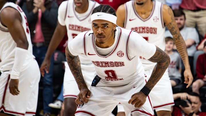 Alabama guard Labaron Philon Jr stares down Arkansas in the second half of the game on Feb. 18, 2026.