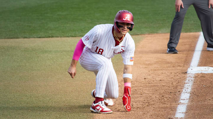 Alabama infielder Justin Osterhouse watches the pitch on third in the second game of the series against Rhode Island on Feb. 21, 2026.