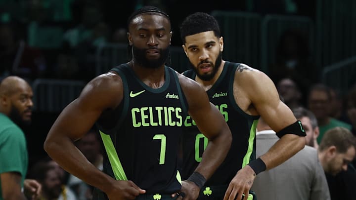 Feb 28, 2025; Boston, Massachusetts, USA; Boston Celtics guard Jaylen Brown (7) and forward Jayson Tatum (0) stand on the court during a timeout during the second half of their loss to the Cleveland Cavaliers at TD Garden. Mandatory Credit: Winslow Townson-Imagn Images