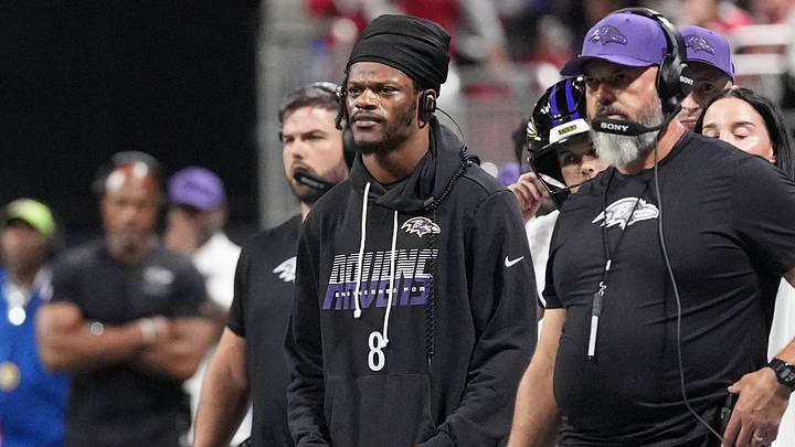 Oct 11, 2026; Atlanta, Georgia, USA; Baltimore Ravens quarterback Lamar Jackson (8) on the sidelines during the first quarter against the Atlanta Falcons at Mercedes-Benz Stadium. Mandatory Credit: Dale Zanine-Imagn Images Oct 11, 2026; Atlanta, Georgia, USA; Baltimore Ravens quarterback Lamar Jackson (8) on the sidelines during the first quarter against the Atlanta Falcons at Mercedes-Benz Stadium. Mandatory Credit: Dale Zanine-Imagn Images