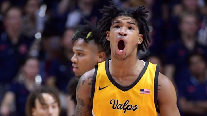 Nov 17, 2023; Champaign, Illinois, USA; Valparaiso Beacons guard Isaiah Stafford (19) reacts after a call. 