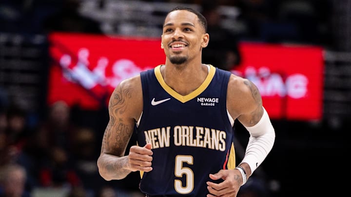 Mar 18, 2026; New Orleans, Louisiana, USA;  New Orleans Pelicans guard Dejounte Murray (5) looks on against the LA Clippers during second half at Smoothie King Center. Mandatory Credit: Stephen Lew-Imagn Images