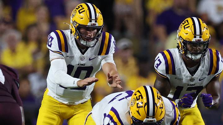 Sep 26, 2026; Baton Rouge, Louisiana, USA; LSU Tigers quarterback Sam Leavitt (10) calls a play during the second quarter against the Texas A&M Aggies at Tiger Stadium. Mandatory Credit: Stephen Lew-Imagn Images Sep 26, 2026; Baton Rouge, Louisiana, USA; LSU Tigers quarterback Sam Leavitt (10) calls a play during the second quarter against the Texas A&M Aggies at Tiger Stadium. Mandatory Credit: Stephen Lew-Imagn Images