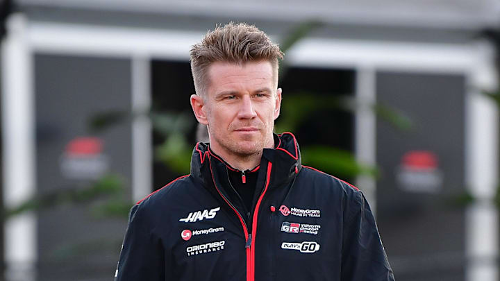 Nov 21, 2024; Las Vegas, Nevada, USA; Haas F1 driver Nico Hulkenberg (27) arrives before practice for the Las Vegas Grand Prix at Las Vegas Circuit. Mandatory Credit: Gary A. Vasquez-Imagn Images