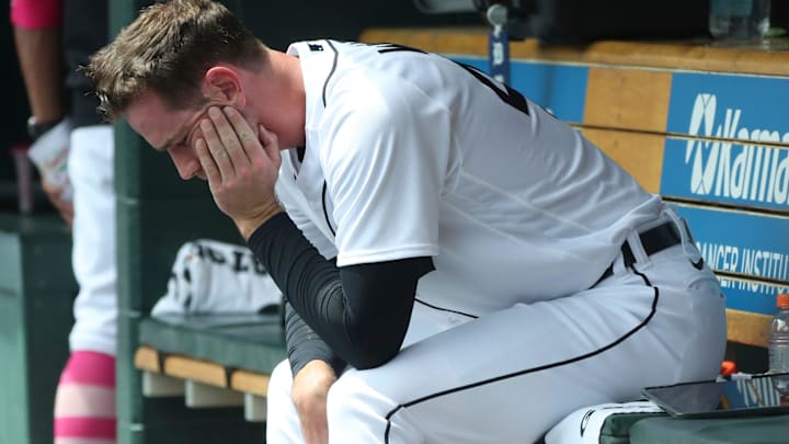Detroit Tigers starter Joey Wentz (43) in the dugout after being taken out during the third inning.
