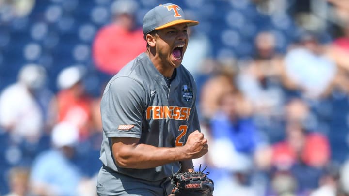 Tennessee pitcher Chase Burns (23) celebrates after ending the 7th inning with a strikeout against Stanford in the NCAA Baseball College World Series in Omaha, Nebraska, on Monday, June 19, 2023. Tennessee pitcher Chase Burns (23) celebrates after ending the 7th inning with a strikeout against Stanford in the NCAA Baseball College World Series in Omaha, Nebraska, on Monday, June 19, 2023.