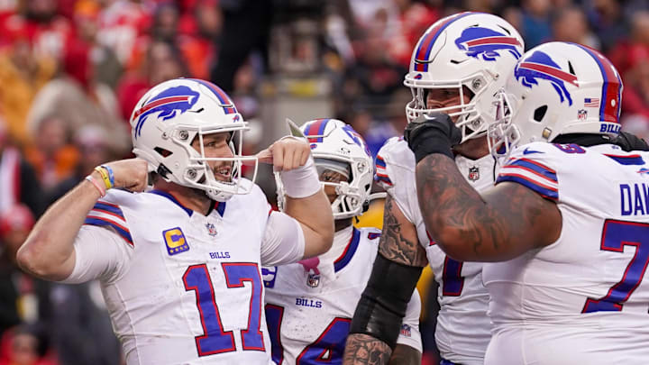 Dec 10, 2023; Kansas City, Missouri, USA; Buffalo Bills quarterback Josh Allen (17) celebrates with