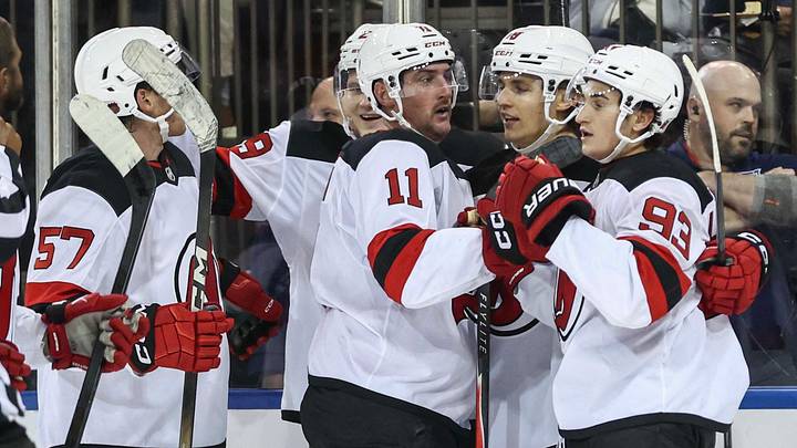 Sep 24, 2026; New York, New York, USA; New Jersey Devils forward Amadeus Lombardi (93) celebrates with his teammates after scoring a goal in the third period against the New York Rangers at Madison Square Garden. Mandatory Credit: Wendell Cruz-Imagn Images Sep 24, 2026; New York, New York, USA; New Jersey Devils forward Amadeus Lombardi (93) celebrates with his teammates after scoring a goal in the third period against the New York Rangers at Madison Square Garden. Mandatory Credit: Wendell Cruz-Imagn Images