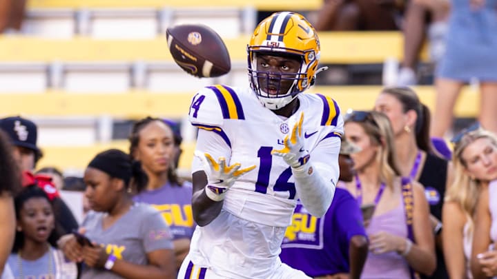 Sep 28, 2024; Baton Rouge, Louisiana, USA;  LSU Tigers tight end Trey'Dez Green (14) catches a pass during warmups before a game against the South Alabama Jaguars at Tiger Stadium. Mandatory Credit: Stephen Lew-Imagn Images