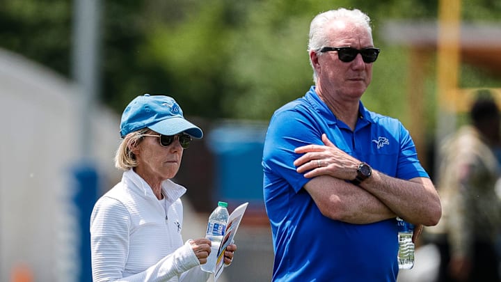 Detroit Lions principal owner and chair Sheila Ford Hamp watches practice with president and CEO Rod Wood during mini camp at Detroit Lions headquarters and practice facility in Allen Park on Tuesday, June 4, 2024.