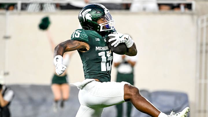 Michigan State's Kay'ron Lynch-Adams runs for a touchdown against Florida Atlantic during the second quarter on Friday, Aug. 30, 2024, at Spartan Stadium in East Lansing.