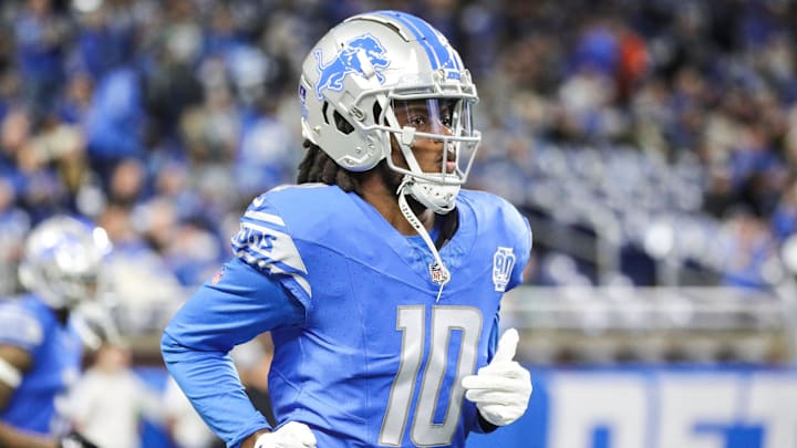 Detroit Lions quarterback Teddy Bridgewater takes the field for warm up before the Denver Broncos game at Ford Field in Detroit on Saturday, Dec. 16, 2023.