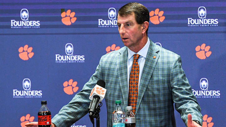 Nov 30, 2024; Clemson, South Carolina, USA; Clemson head coach Dabo Swinney talks at a press conference after the game  at Memorial Stadium. 