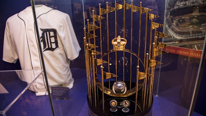 1968 Detroit Tigers World Series trophy on display.