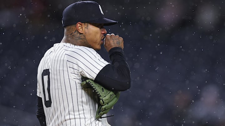 Apr 11, 2025; Bronx, New York, USA; New York Yankees starting pitcher Marcus Stroman (0) reacts during the first inning against the San Francisco Giants at Yankee Stadium. Apr 11, 2025; Bronx, New York, USA; New York Yankees starting pitcher Marcus Stroman (0) reacts during the first inning against the San Francisco Giants at Yankee Stadium.