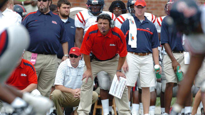 Sept 9, 2006; Columbia, MO, USA; Mississippi Rebels head coach Ed Orgeron watches from the sidelines.