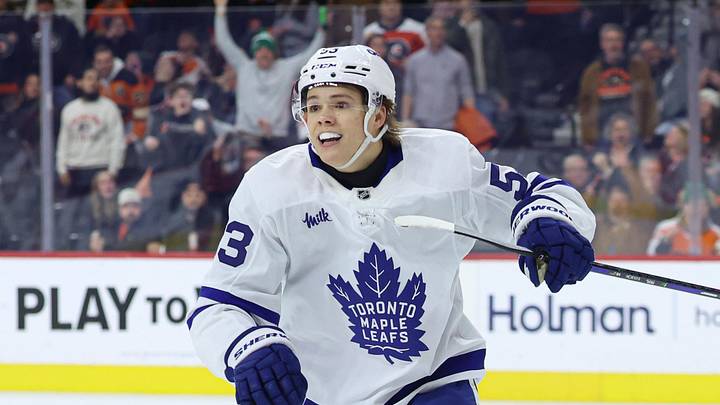 Jan 8, 2026; Philadelphia, Pennsylvania, USA; Toronto Maple Leafs right wing Easton Cowan (53) reacts after scoring the game winning goal against the Philadelphia Flyers during overtime at Xfinity Mobile Arena. Mandatory Credit: Bill Streicher-Imagn Images