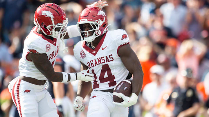 Arkansas Razorbacks linebacker Stephen Dix Jr. (14) celebrates his fumble recovery as Auburn Tigers take on Arkansas Razorbacks at Jordan-Hare Stadium in Auburn, Ala., on Saturday, Sept. 21, 2024. Arkansas Razorbacks lead Auburn Tigers 7-0 at halftime.