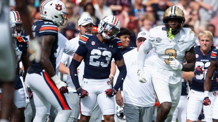 Auburn Tigers defensive back Jay Crawford (23) celebrates a pass break up as Auburn Tigers take on Vanderbilt Commodores at Jordan-Hare Stadium in Auburn, Ala., on Saturday, Nov. 2, 2024. Auburn Tigers and Vanderbilt Commodores are tied 7-7 at halftime.