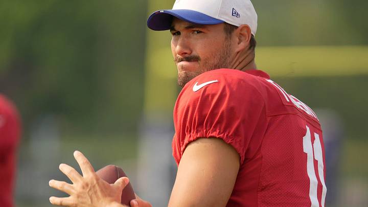 Buffalo Bills quarterback Mitchell Trubisky throws with the other quarterbacks before practice begins at Bills Training Camp at St. John Fisher University in Pittsford on Aug.6, 2025. Buffalo Bills quarterback Mitchell Trubisky throws with the other quarterbacks before practice begins at Bills Training Camp at St. John Fisher University in Pittsford on Aug.6, 2025.
