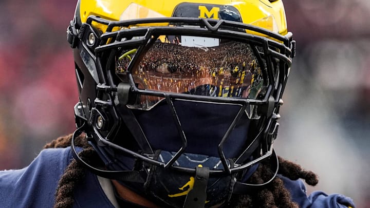 Michigan linebacker Jaishawn Barham warms up at Michigan Stadium in Ann Arbor.