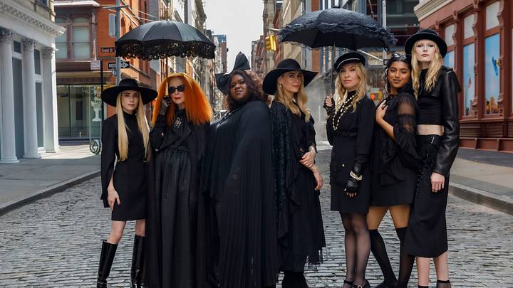 FX's "American Horror Story 13" -- Pictured: (l-r) Emma Roberts as Madison Montgomery, Frances Conroy as Myrtle Snow, Gabourey Sidibe as Queenie, Sarah Paulson as Cordelia Goode, Leslie Grossman as Coco St. Pierre Vanderbilt, Aventika as Ophelia, Alex Consani as Morwenna. CR: Eric Liebowitz/FX