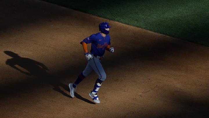 Washington, District of Columbia, USA; New York Mets outfielder Brandon Nimmo (9) rounds the bases after hitting a three-run home run against the Washington Nationals during the sixth inning at Nationals Park.