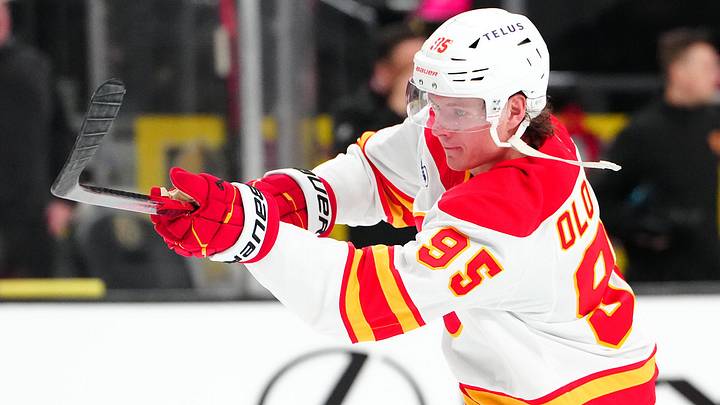 Apr 2, 2026; Las Vegas, Nevada, USA; Calgary Flames left wing Victor Olofsson (95) warms up before a game against the Vegas Golden Knights at T-Mobile Arena. Mandatory Credit: Stephen R. Sylvanie-Imagn Images