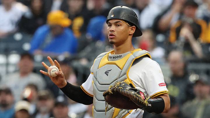 Apr 5, 2025; Pittsburgh, Pennsylvania, USA; Pittsburgh Pirates catcher Endy Rodriguez (5) asks for time-out against the New York Yankees during the fifth inning at PNC Park. Mandatory Credit: Charles LeClaire-Imagn Images Apr 5, 2025; Pittsburgh, Pennsylvania, USA; Pittsburgh Pirates catcher Endy Rodriguez (5) asks for time-out against the New York Yankees during the fifth inning at PNC Park. Mandatory Credit: Charles LeClaire-Imagn Images