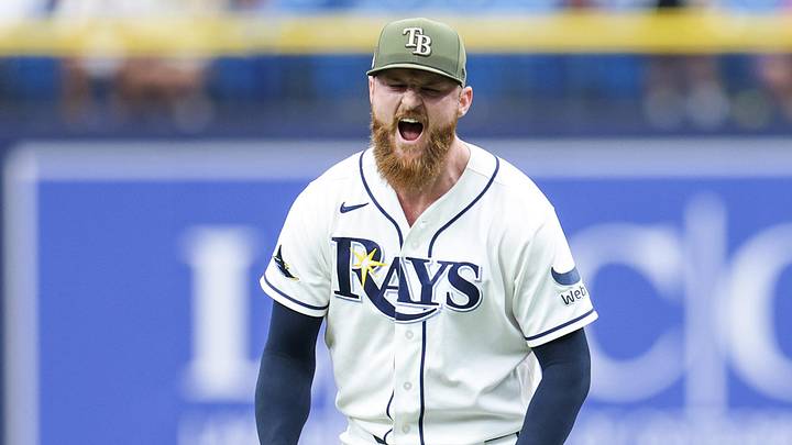 May 17, 2026; St. Petersburg, Florida, USA; Tampa Bay Rays pitcher Bryan Baker (47) reacts after beating the Miami Marlins in the ninth inning at Tropicana Field. May 17, 2026; St. Petersburg, Florida, USA; Tampa Bay Rays pitcher Bryan Baker (47) reacts after beating the Miami Marlins in the ninth inning at Tropicana Field.
