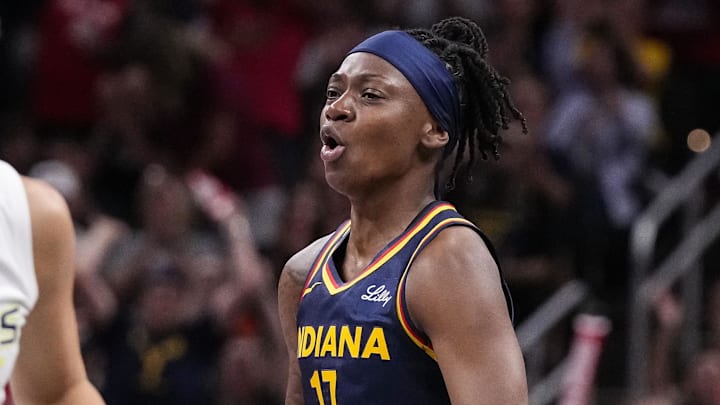 Sep 15, 2024; Indianapolis, Indiana, USA; Indiana Fever guard Erica Wheeler (17) celebrates a three-point basket at Gainbridge Fieldhouse. Mandatory Credit: Grace Hollars/USA TODAY Network via Imagn Images Sep 15, 2024; Indianapolis, Indiana, USA; Indiana Fever guard Erica Wheeler (17) celebrates a three-point basket at Gainbridge Fieldhouse. Mandatory Credit: Grace Hollars/USA TODAY Network via Imagn Images
