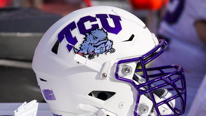 A general view of a TCU Horned Frogs helmet against the Kansas Jayhawks during the second half at GEHA Field at Arrowhead Stadium.
