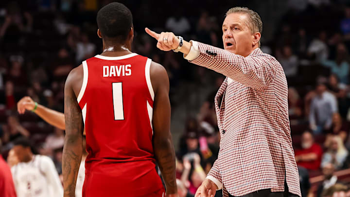 Mar 1, 2025; Columbia, South Carolina, USA; Arkansas Razorbacks head coach John Calipari directs his team against the South Carolina Gamecocks in the first half at Colonial Life Arena. Mandatory Credit: Jeff Blake-Imagn Images