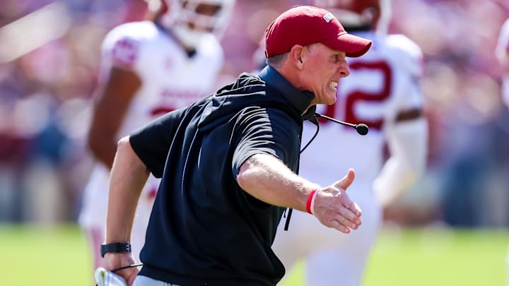 Oklahoma Sooners head coach Brent Venables celebrates a play against the South Carolina Gamecocks in the first quarter at Williams-Brice Stadium. Oklahoma Sooners head coach Brent Venables celebrates a play against the South Carolina Gamecocks in the first quarter at Williams-Brice Stadium.