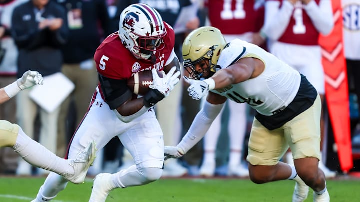Nov 23, 2024; Columbia, South Carolina, USA; South Carolina Gamecocks running back Raheim Sanders (5) runs the ball against Wofford Terriers defensive back Javis Mynatt (11) in the first quarter at Williams-Brice Stadium. Mandatory Credit: Jeff Blake-Imagn Images