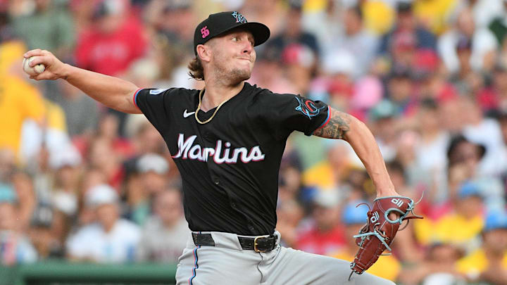 Miami Marlins relief pitcher Tyler Zuber (55) pitches during the sixth inning against the Boston Red Sox at Fenway Park. 