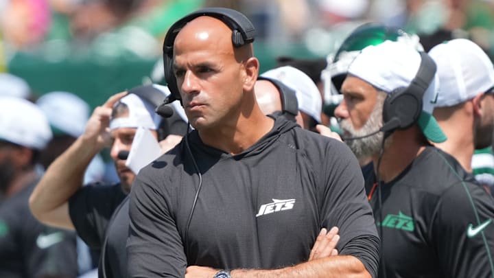 East Rutherford, NJ -- August 10, 2024 -- Jets head coach Robert Saleh in the first half as the Washington Commanders came to MetLife Stadium to play the New York Jets in the first preseason game of the 2024 season. East Rutherford, NJ -- August 10, 2024 -- Jets head coach Robert Saleh in the first half as the Washington Commanders came to MetLife Stadium to play the New York Jets in the first preseason game of the 2024 season.