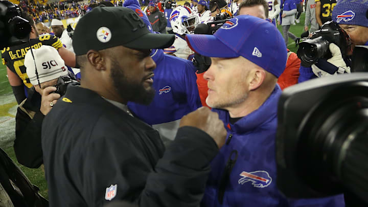 Pittsburgh Steelers head coach Mike Tomlin (left) and Buffalo Bills head coach Sean McDermott (right) greet each other after the game at Heinz Field.  Buffalo won 17-10.
